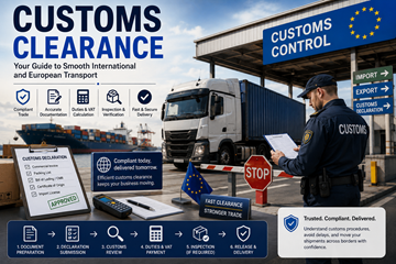 Europeiske tollklareringsoperasjoner med lastebiler, lastcontainere, grenseinspeksjoner og internasjonal logistikk