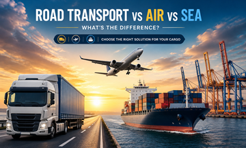 Sammenligning av veitransport med lastebiler, flyfrakt med fraktfly og sjøfrakt med containerskip i global logistikk